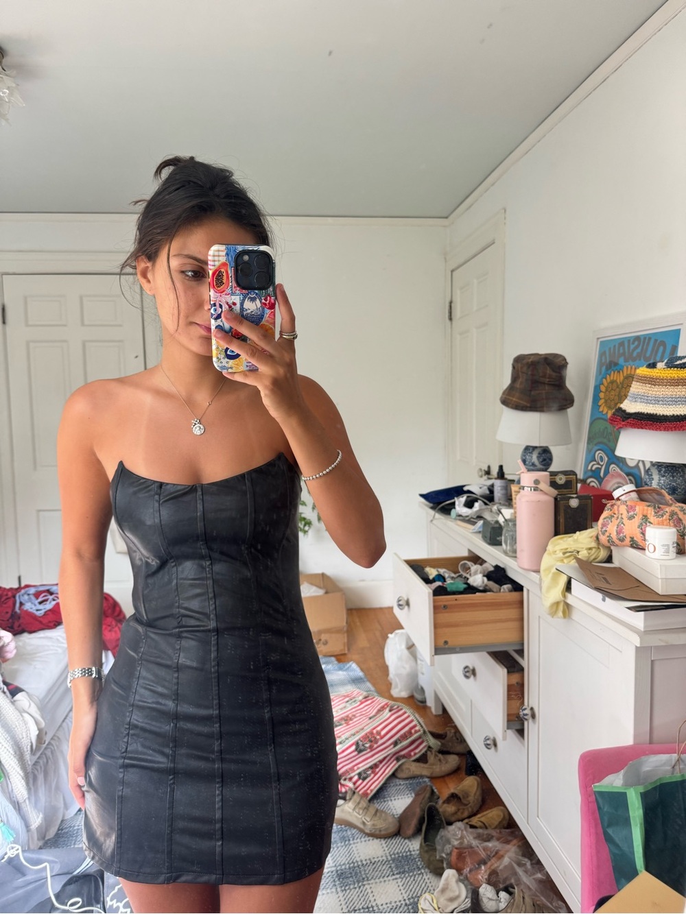 Black Faux Leather Strapless Mini Dress